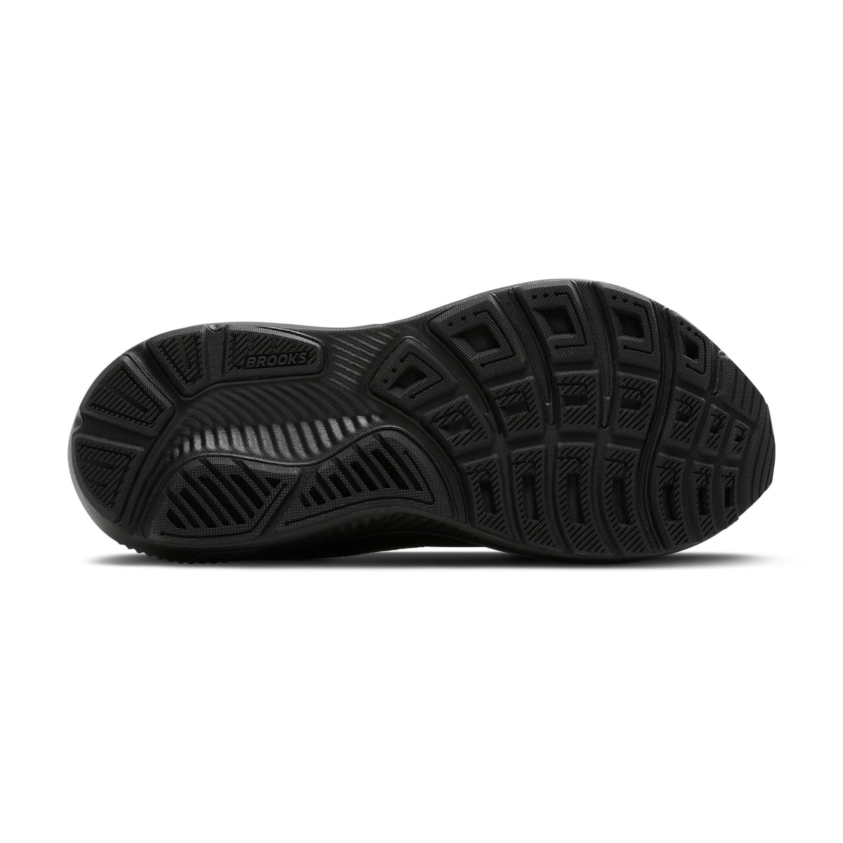 Women's Brooks Ghost 17. Black upper. Black midsole. Bottom view.