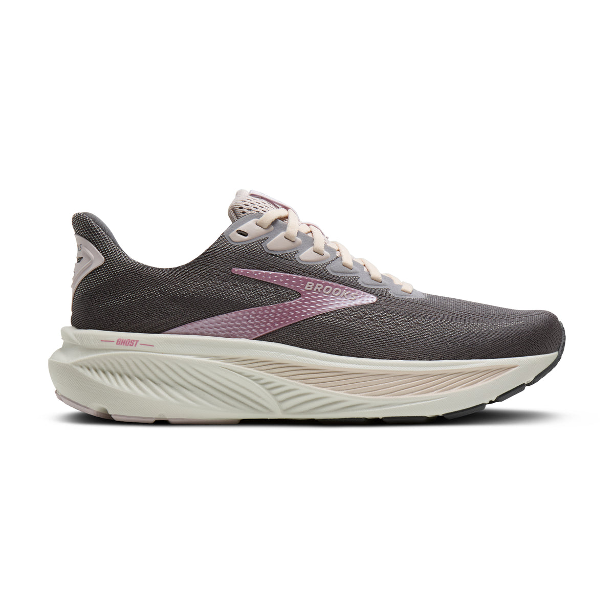 Women's Brooks Ghost 17. Grey upper. Off White midsole. Lateral view.