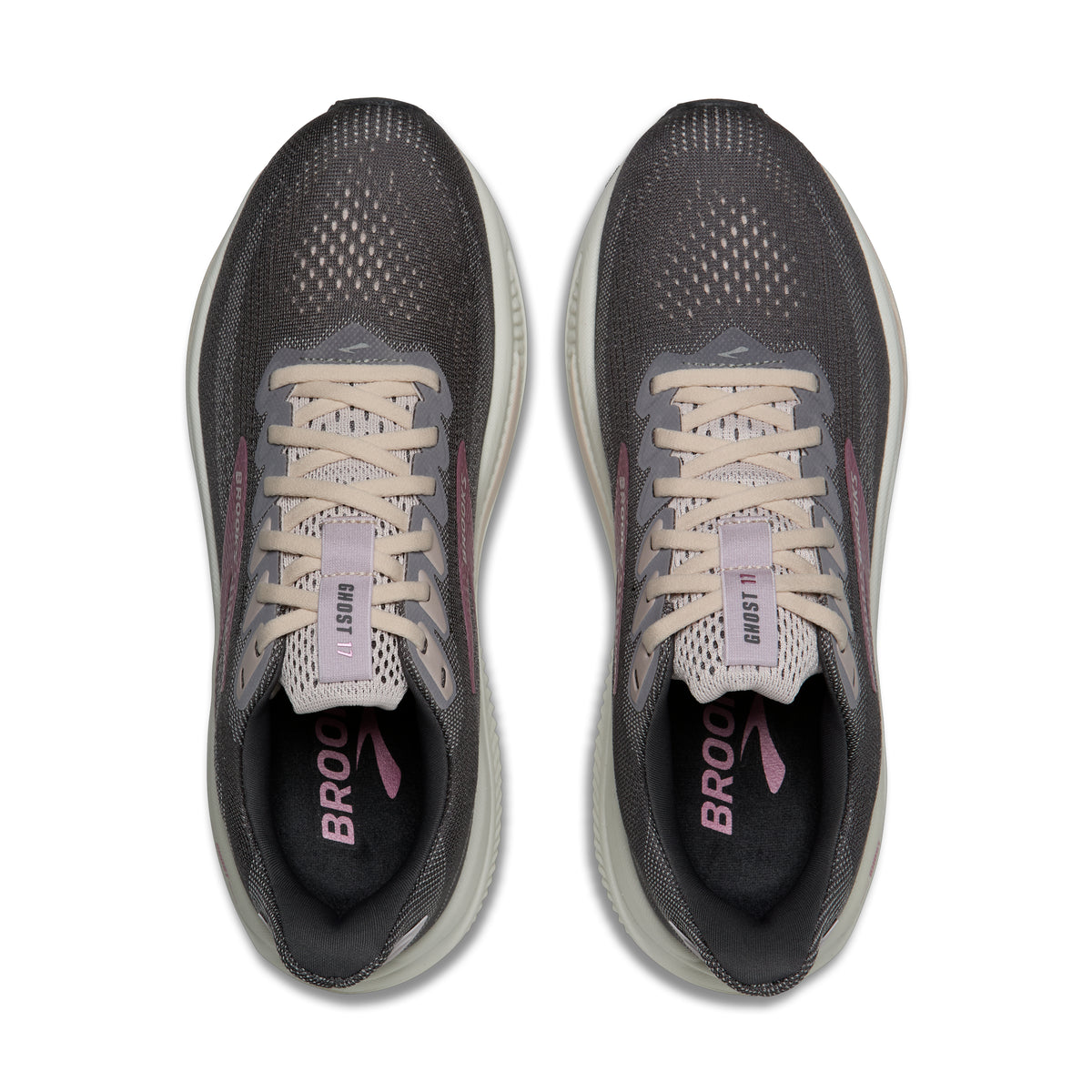Women's Brooks Ghost 17. Grey upper. Off White midsole. Top view.