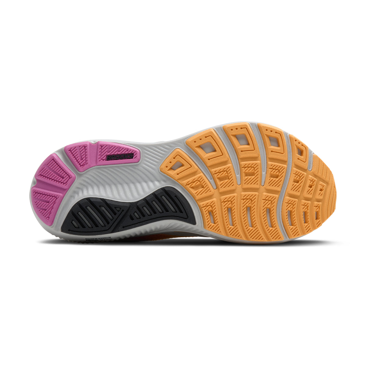 Women's Brooks Ghost 17. Grey upper. Grey midsole. Bottom view.