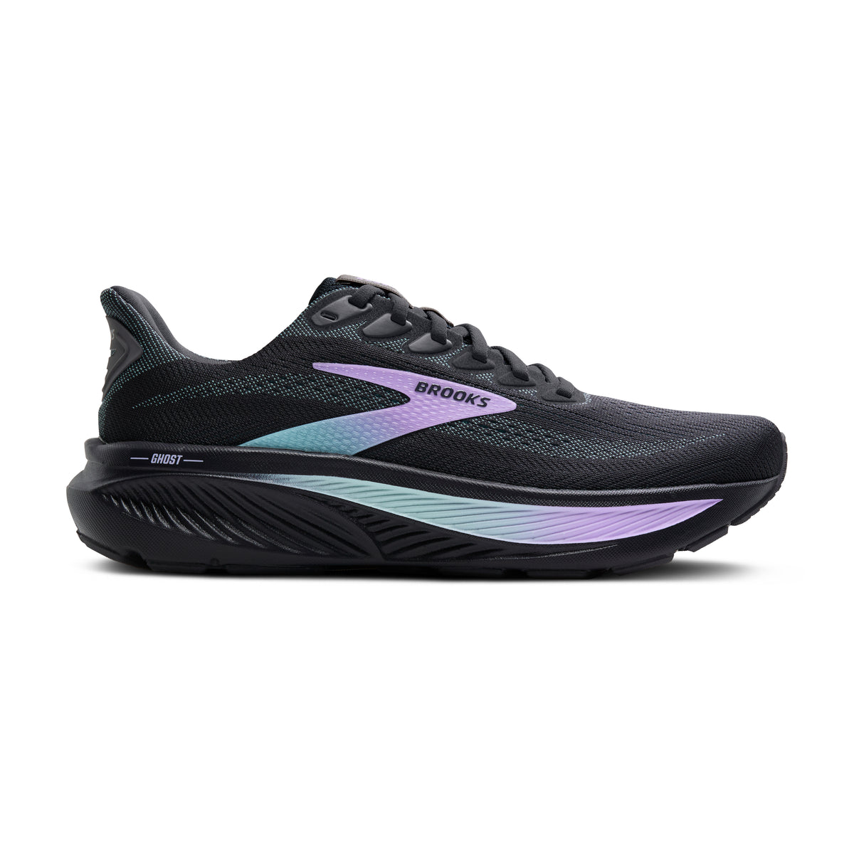 Women's Brooks Ghost 17. Black upper. Black midsole. Lateral view.