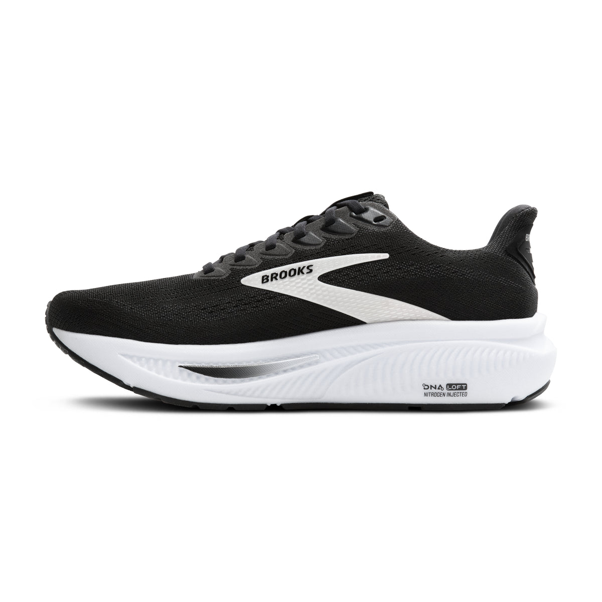 Women's Brooks Ghost 17. Black upper. White midsole. Medial view.