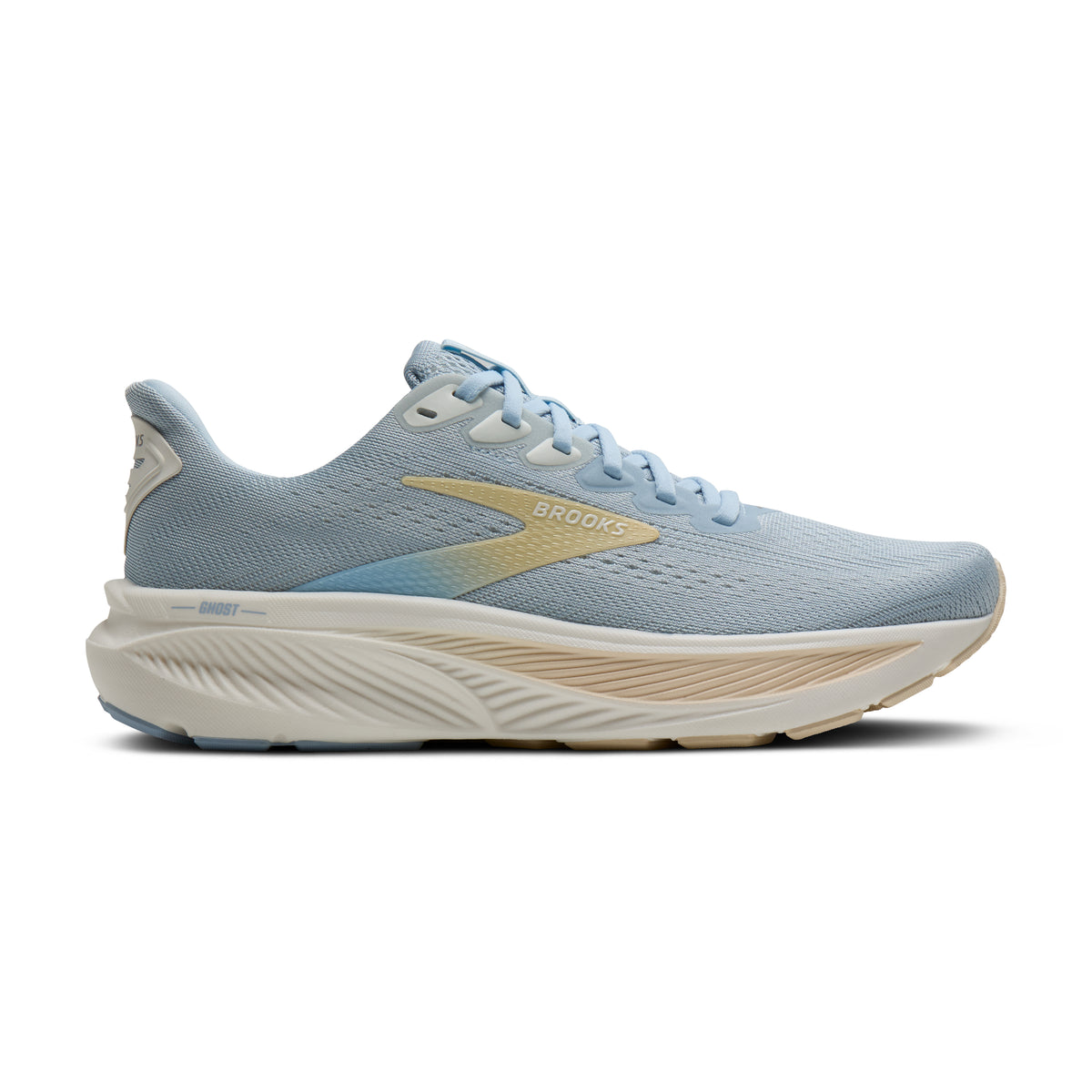Women's Brooks Ghost 17. Light blue upper. Tan and white midsole. lateral view.