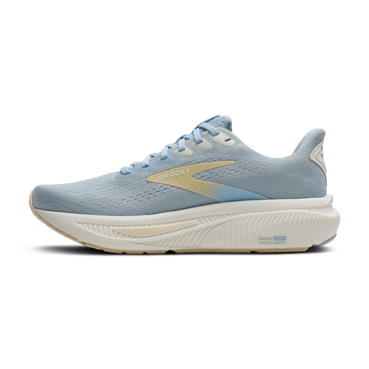 Women's Brooks Ghost 17. Light blue upper. Tan and white midsole. Medial view.
