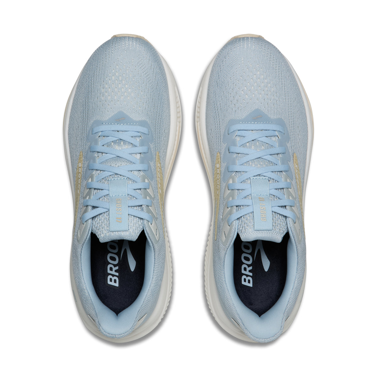 Women's Brooks Ghost 17. Light blue upper. Tan and white midsole. Top view.