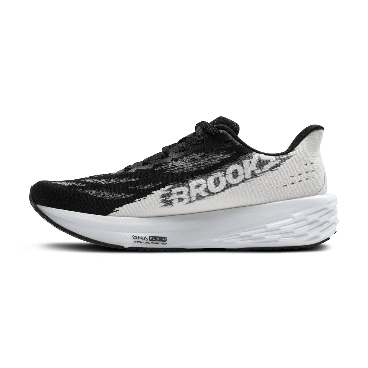 Women's Brooks Launch 11. Black/White upper. Black/White midsole. Medial view.