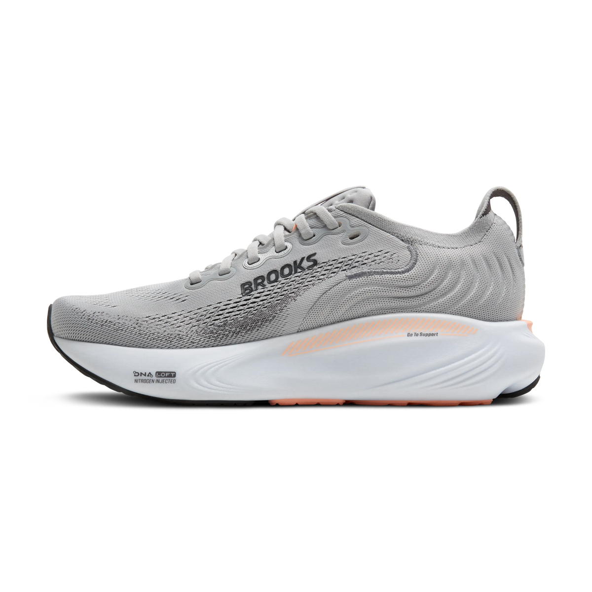 Women's Brooks Adrenaline GTS 24. Grey upper. White midsole. Medial view.