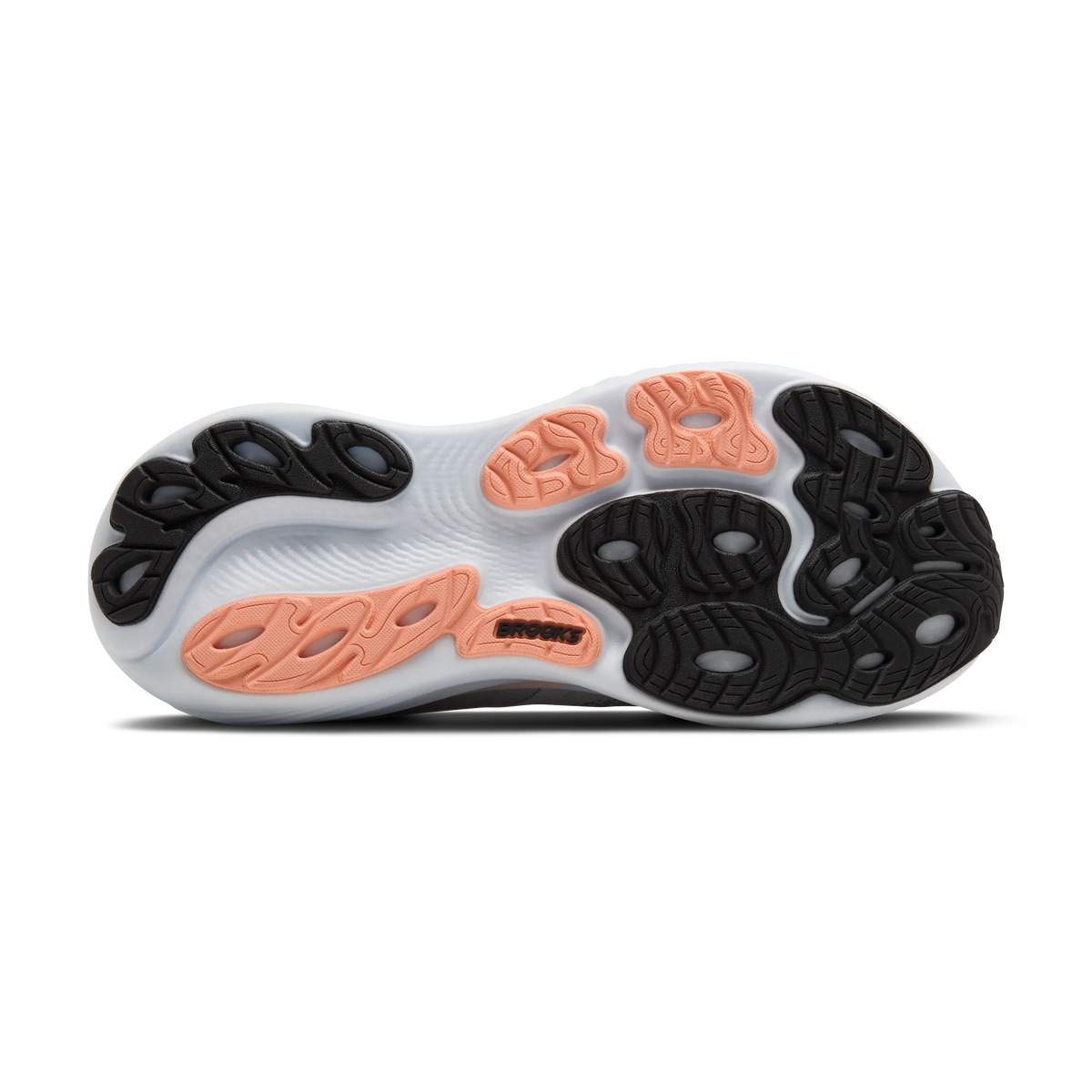 Women's Brooks Adrenaline GTS 24. Grey upper. White midsole. Bottom view.