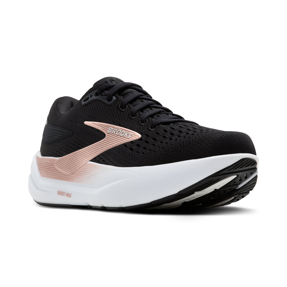 Women's Brooks Ghost Max 3. Black upper. White midsole. Lateral view.