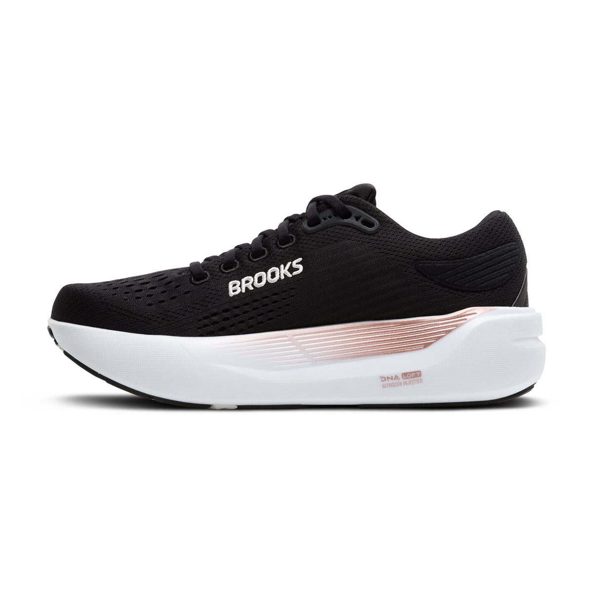 Women's Brooks Ghost Max 3. Black upper. White midsole. Medial view.