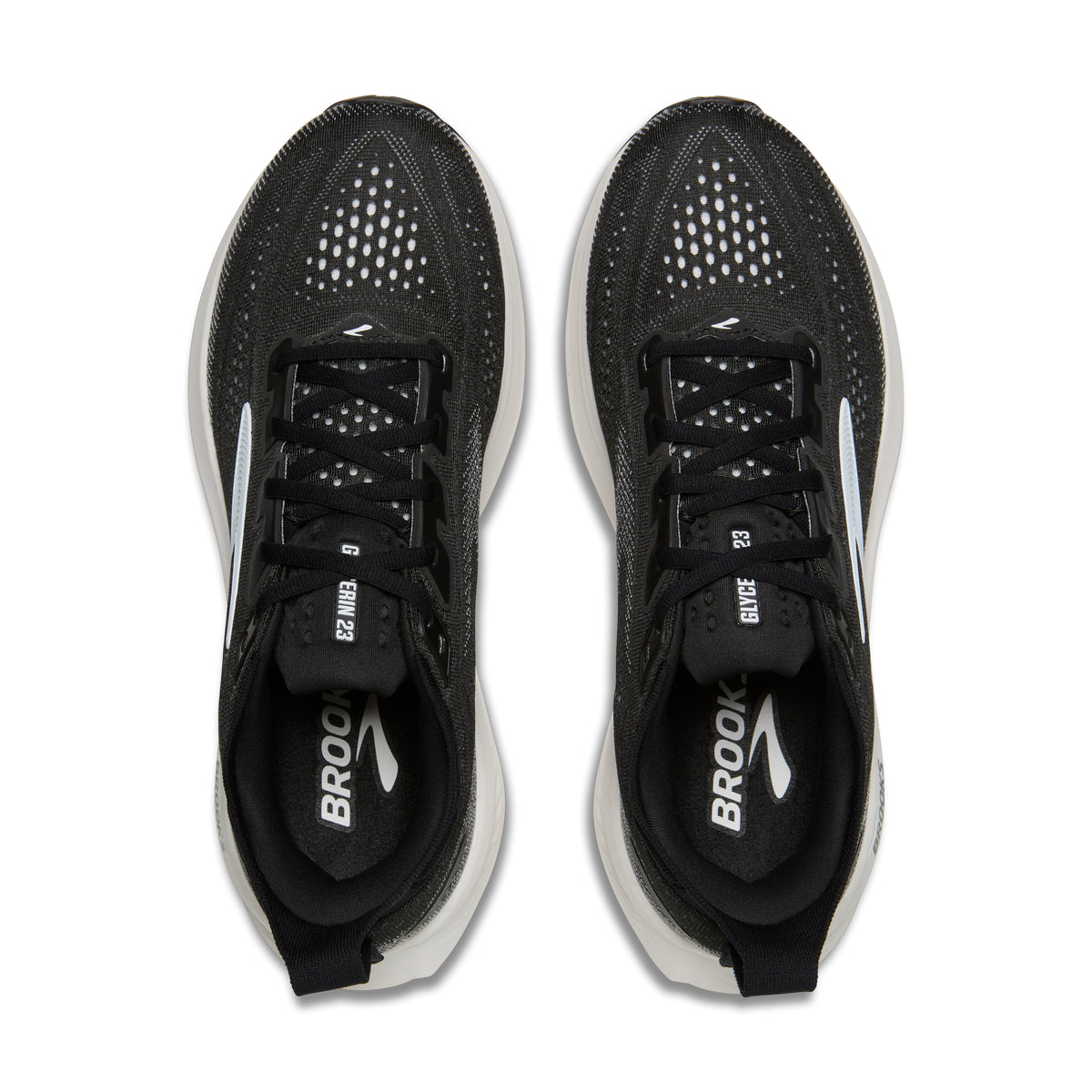 Women's Brooks Glycerin 23. Black upper. White midsole. Top view.