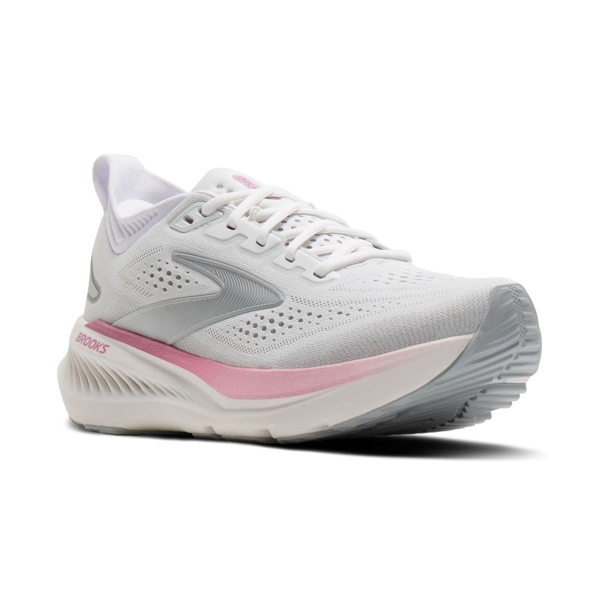 Brooks Glycerin 23 women's running shoe in White/Harbor Mist/Metallic, lateral view (image 1).