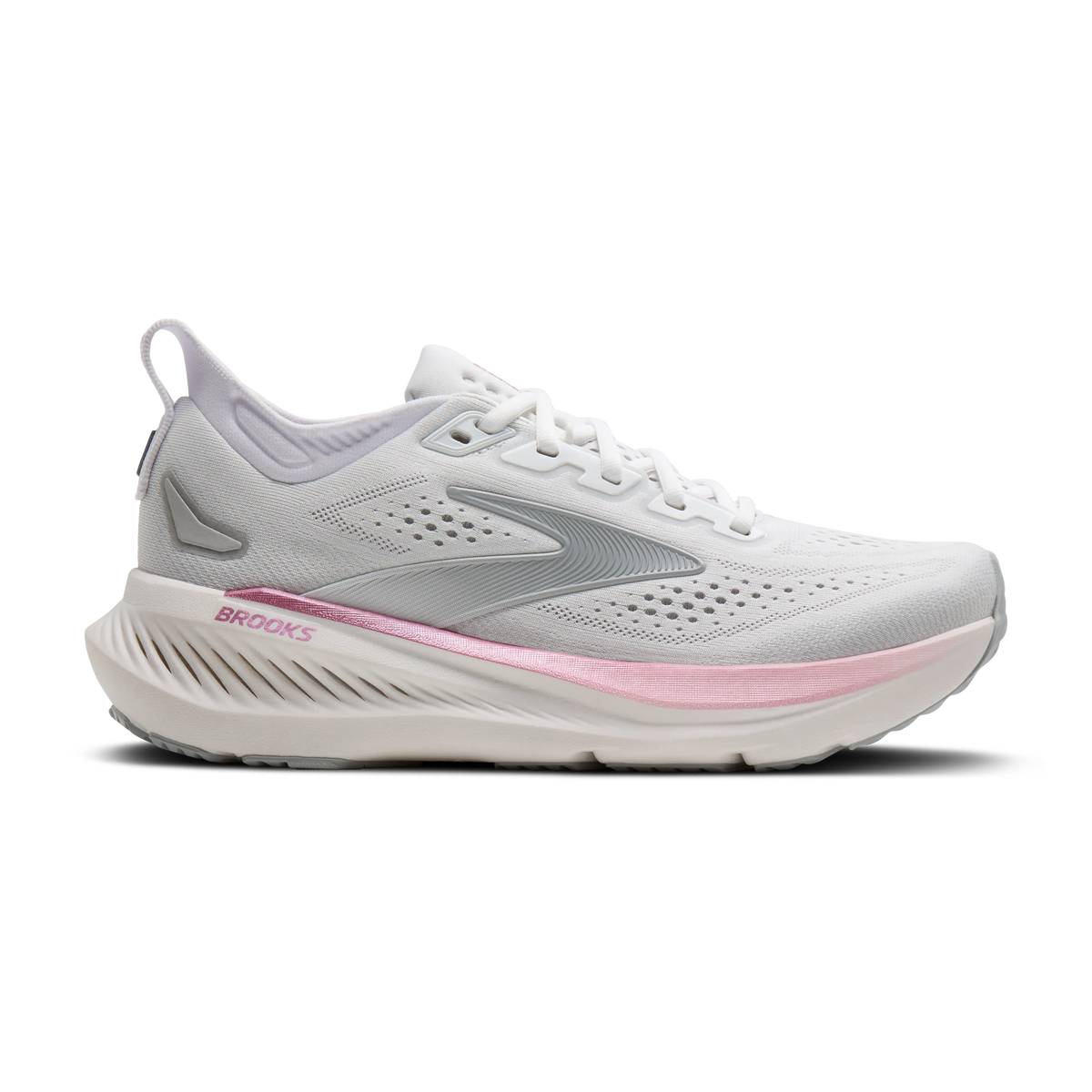 Brooks Glycerin 23 women's running shoe in White/Harbor Mist/Metallic, lateral view (image 2).
