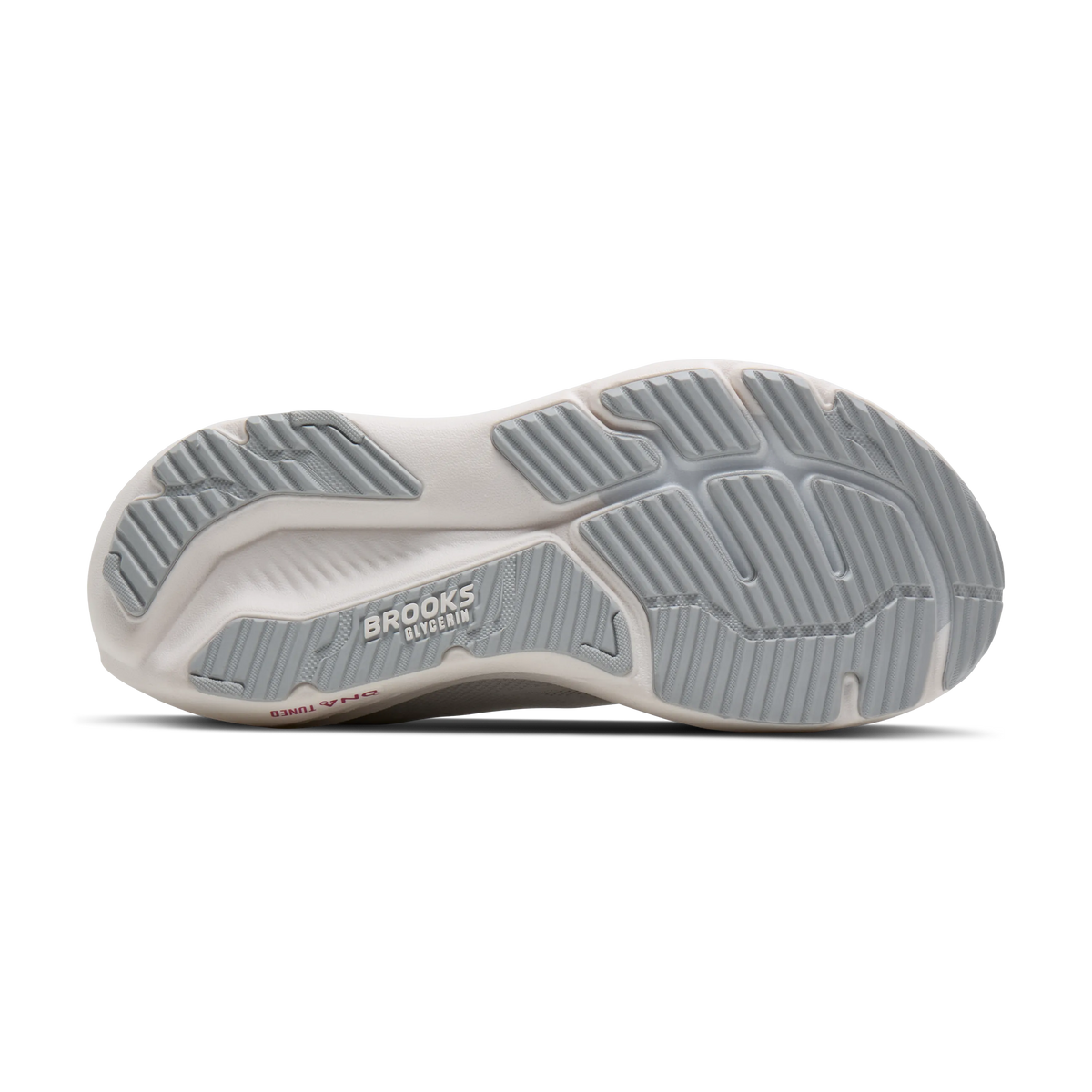 Brooks Glycerin 23 women's running shoe in White/Harbor Mist/Metallic, bottom view (image 5).
