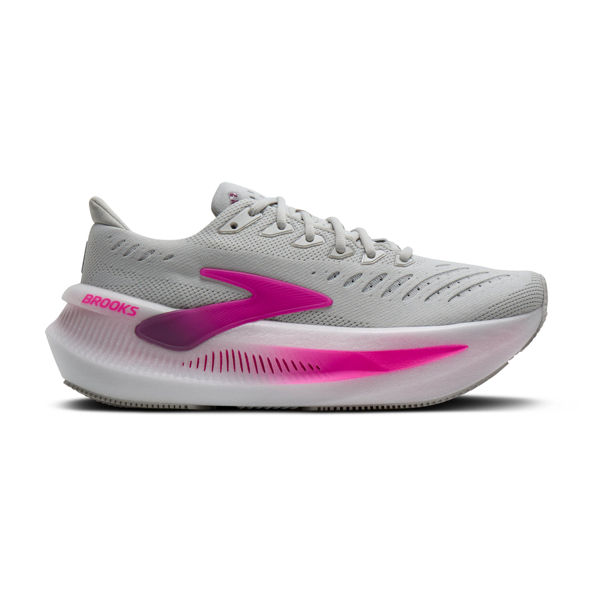 Women's Brooks Glycerin Max 2. Grey upper. White midsole. Lateral view.