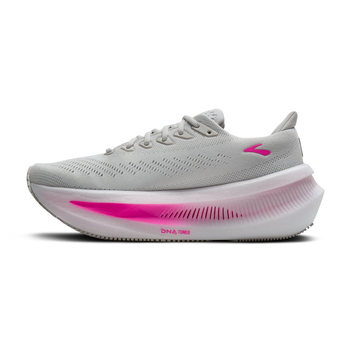 Women's Brooks Glycerin Max 2. Grey upper. White midsole. Medial view.