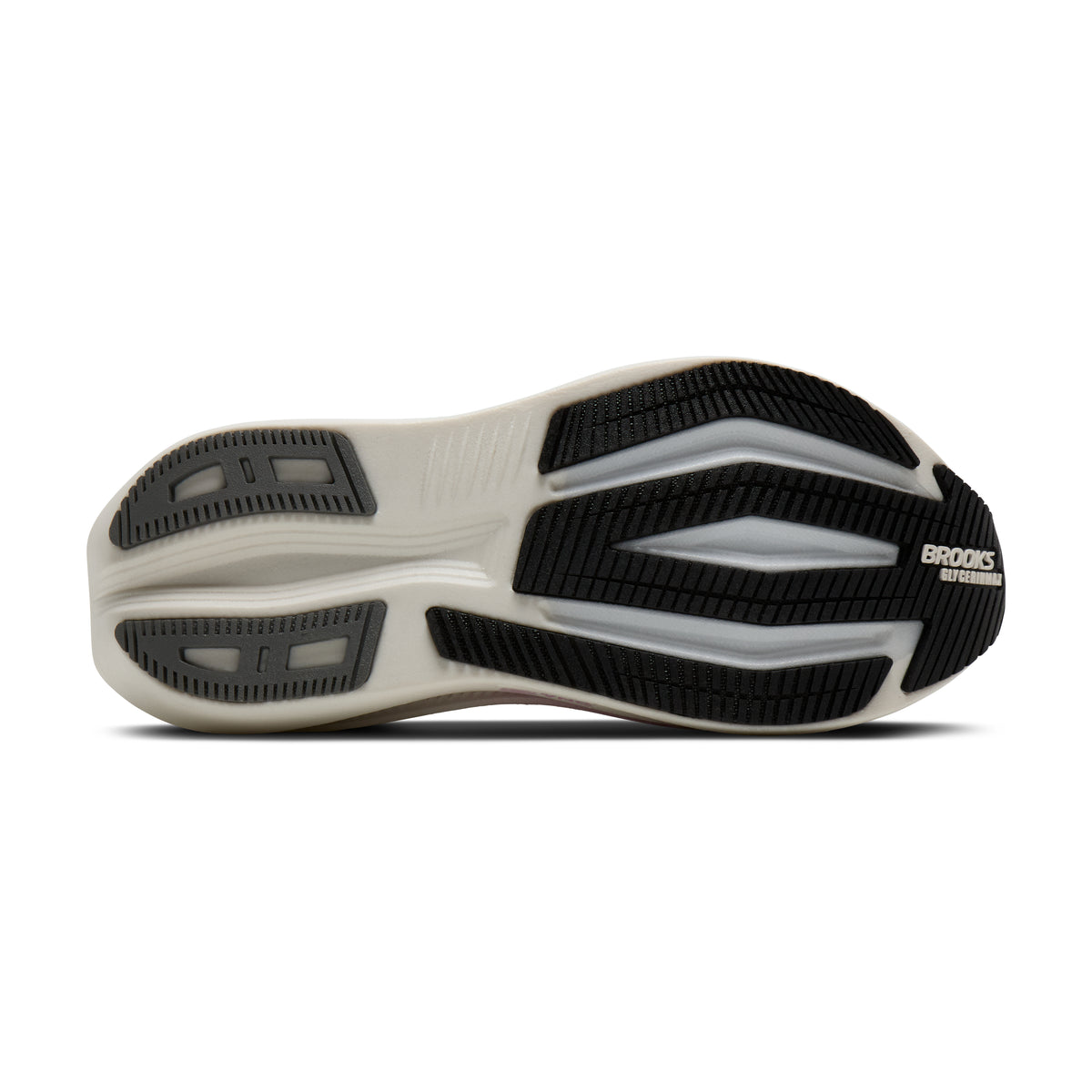 Women's Brooks Glycerin Max 2. Grey upper. White midsole. Bottom view.