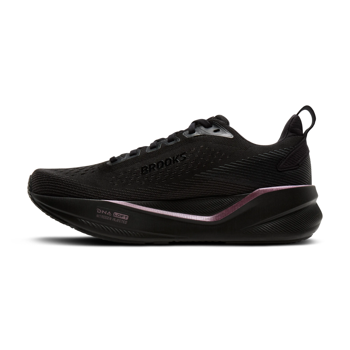 Women's Brooks Ghost Max 4. Black upper. Black midsole. Medial view.