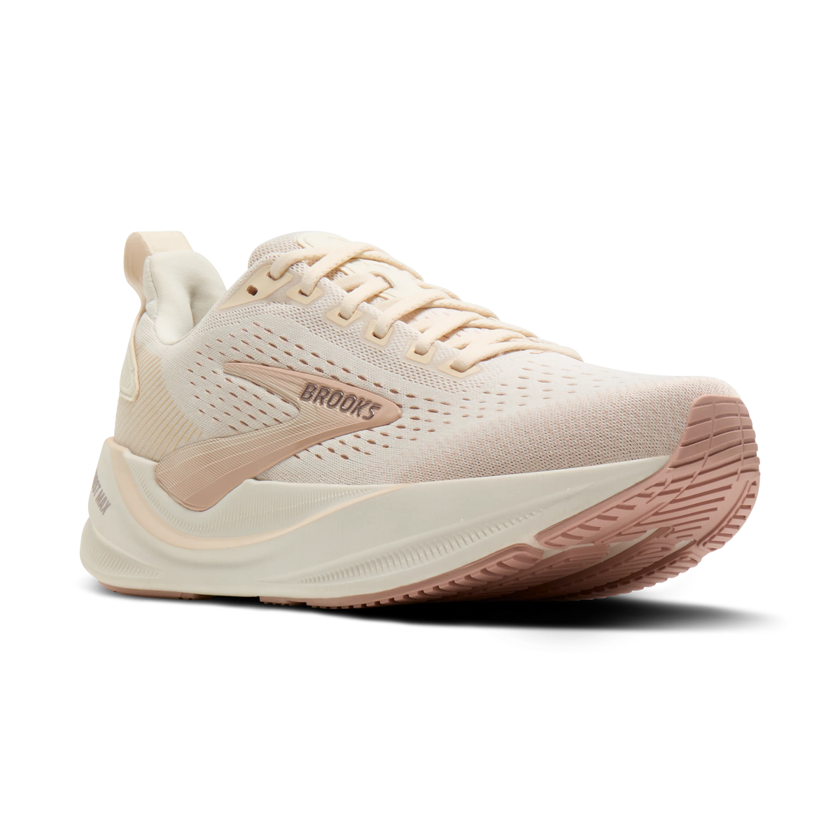 Women's Brooks Ghost Max 4 in Arctic Wolf/Rose/Coconut, side view.