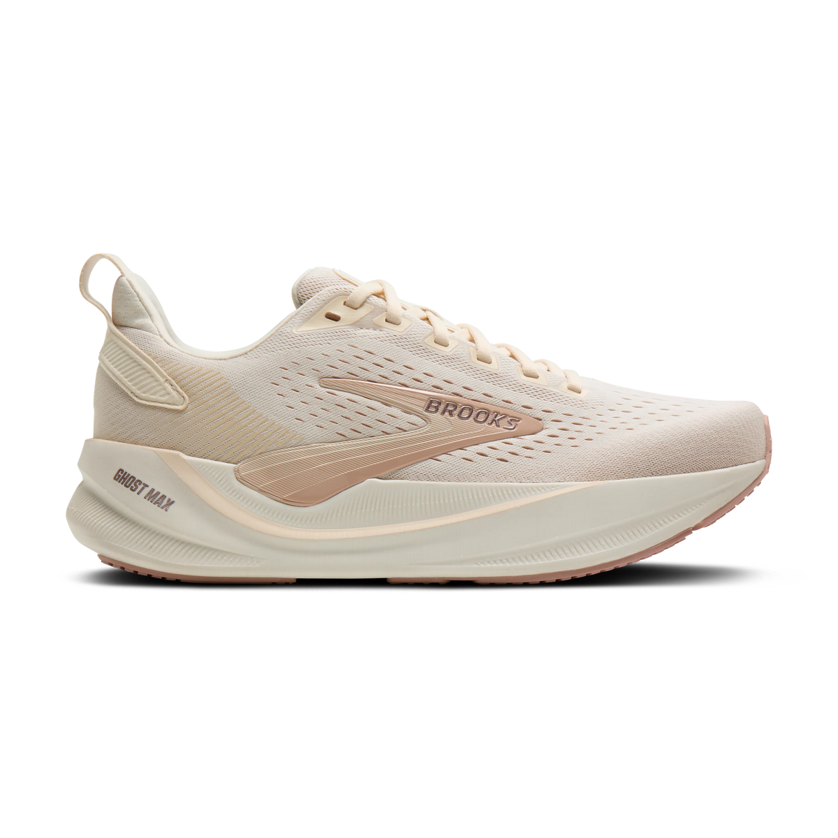 Women's Brooks Ghost Max 4 in Arctic Wolf/Rose/Coconut, lateral view.