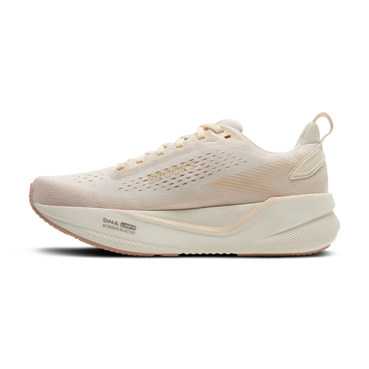 Women's Brooks Ghost Max 4 in Arctic Wolf/Rose/Coconut, medial view.