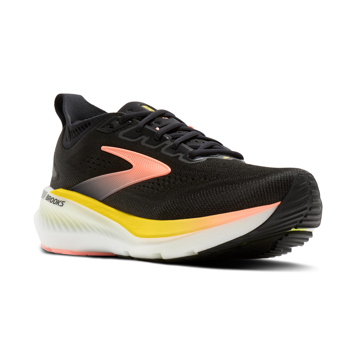 Brooks Glycerin GTS 23 women's stability running shoe in Black/Peach/Nightlife, lateral view (image 1).