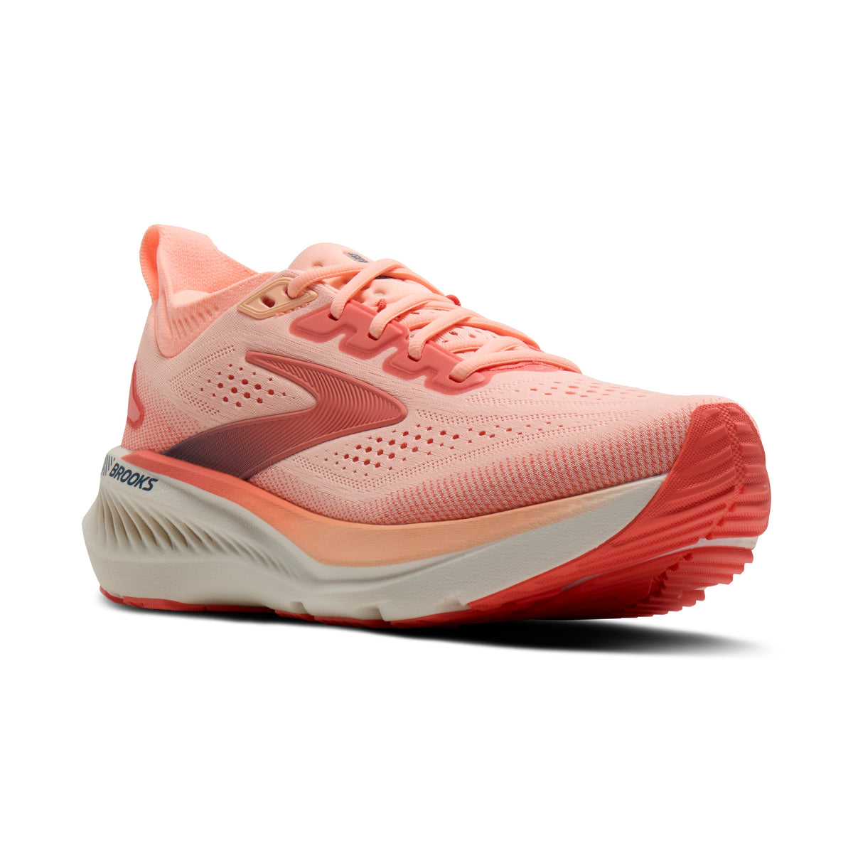 Brooks Glycerin GTS 23 women's stability running shoe in Coral/Peach/Spellbound, lateral view (image 1).