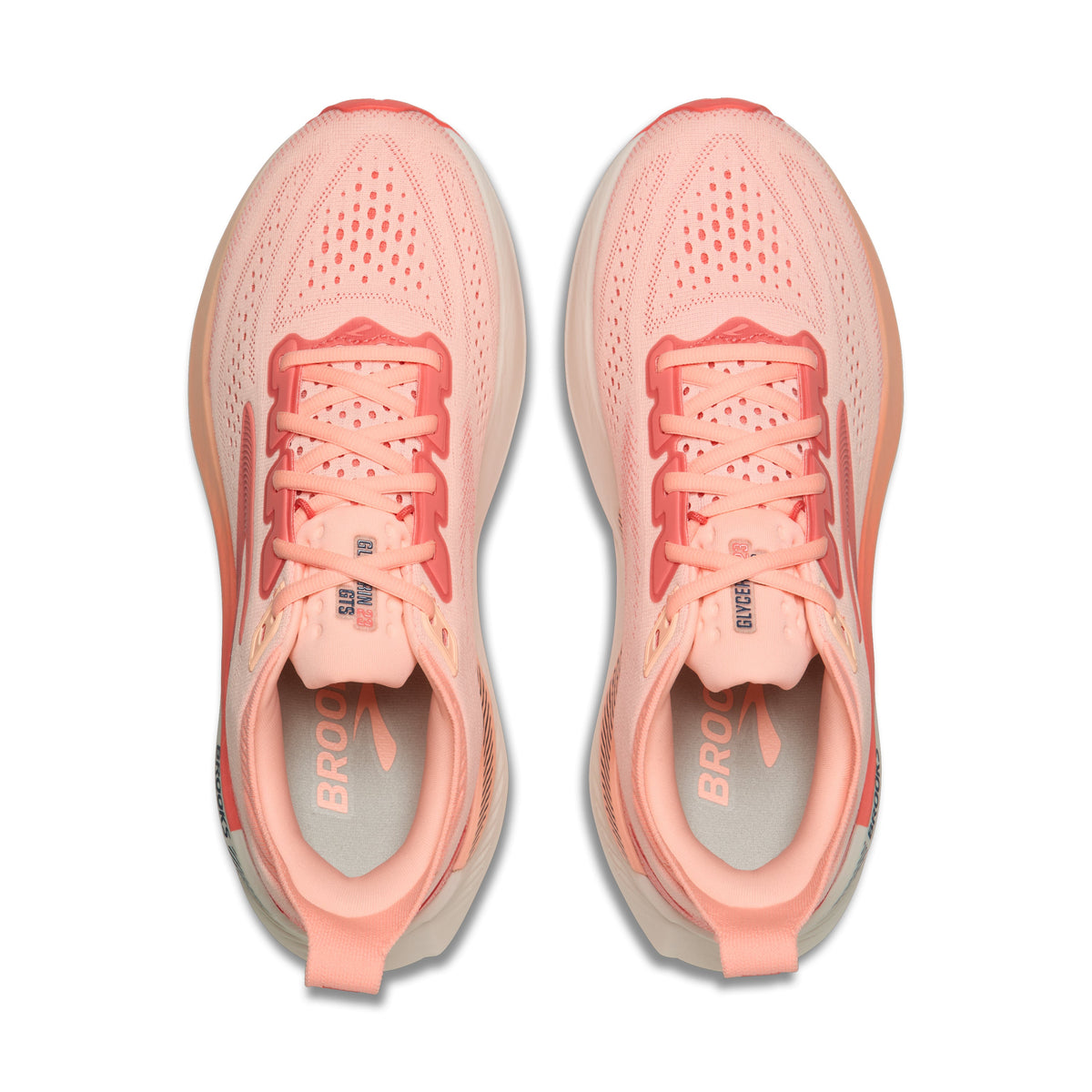Brooks Glycerin GTS 23 women's stability running shoe in Coral/Peach/Spellbound, top view (image 4).