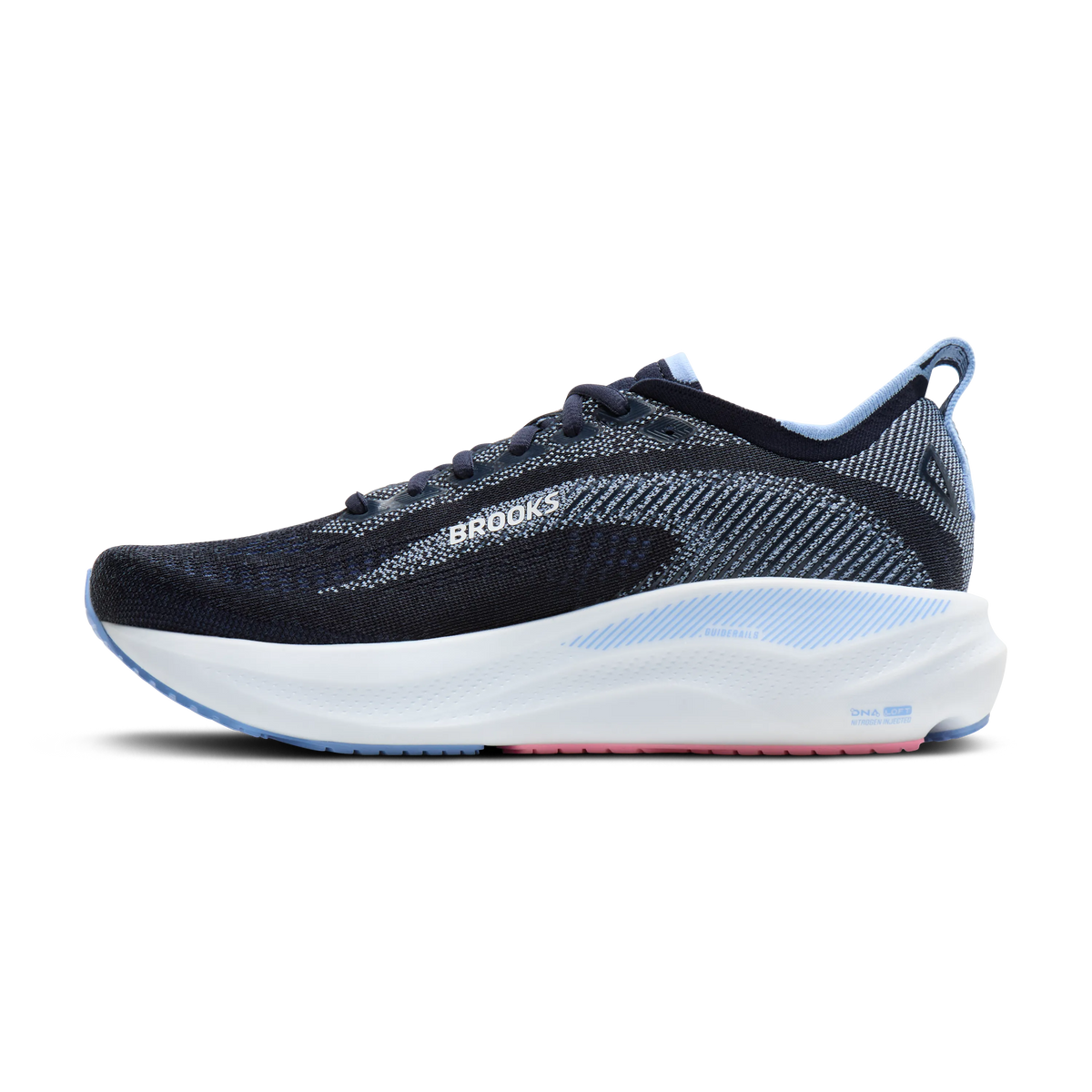 Women's Brooks Adrenaline GTS 26. Black upper. White midsole. Medial view.