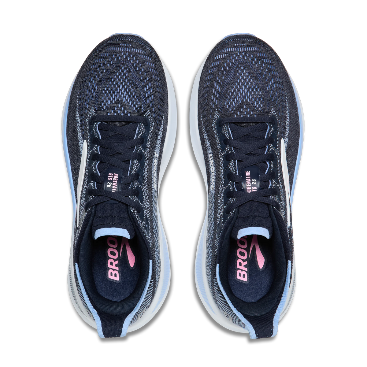 Women's Brooks Adrenaline GTS 26. Black upper. White midsole. Top view.