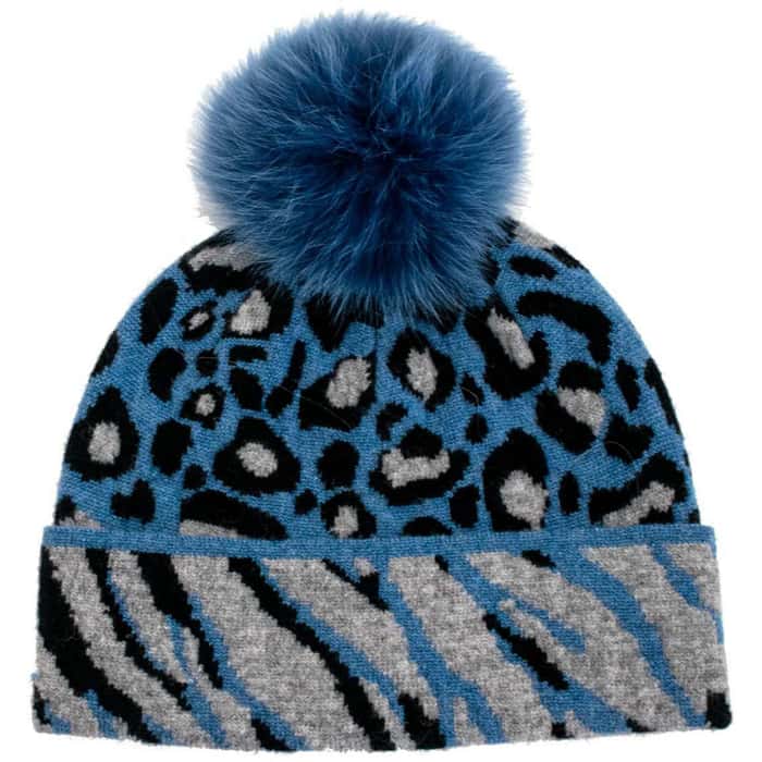 Mitchie's Matchings Leopard Print Knitted Hat with Fox Fur Pom Women's
