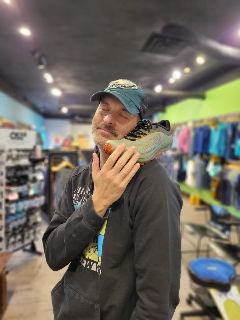 Employee with his favorite shoe: The Topo Pursuit