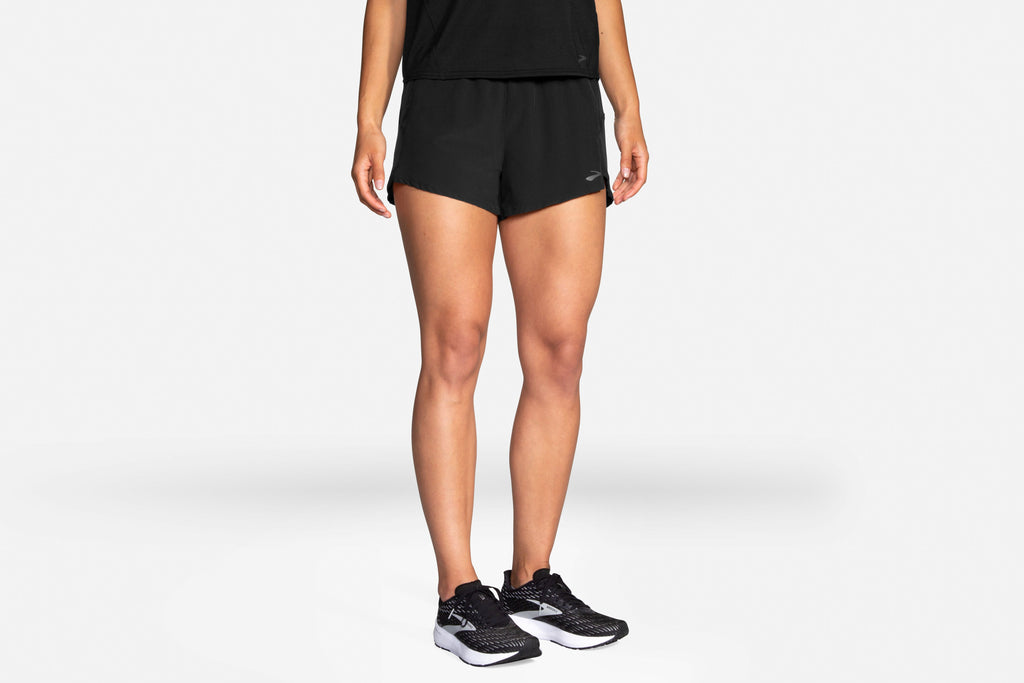 Women's Brooks Chaser 3" Shorts. Black. Front view.