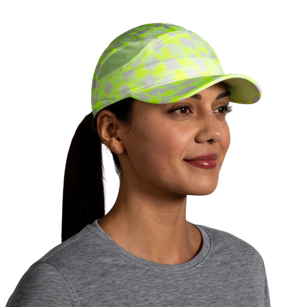 Unisex Brooks Chaser Hat. Yellow checkered. Front view.