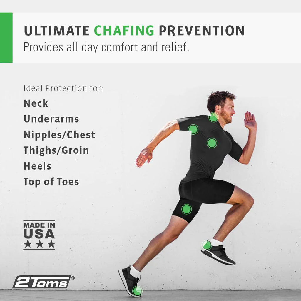 Text saying "ultimate chafing prevention, provides all day comfort and relief".