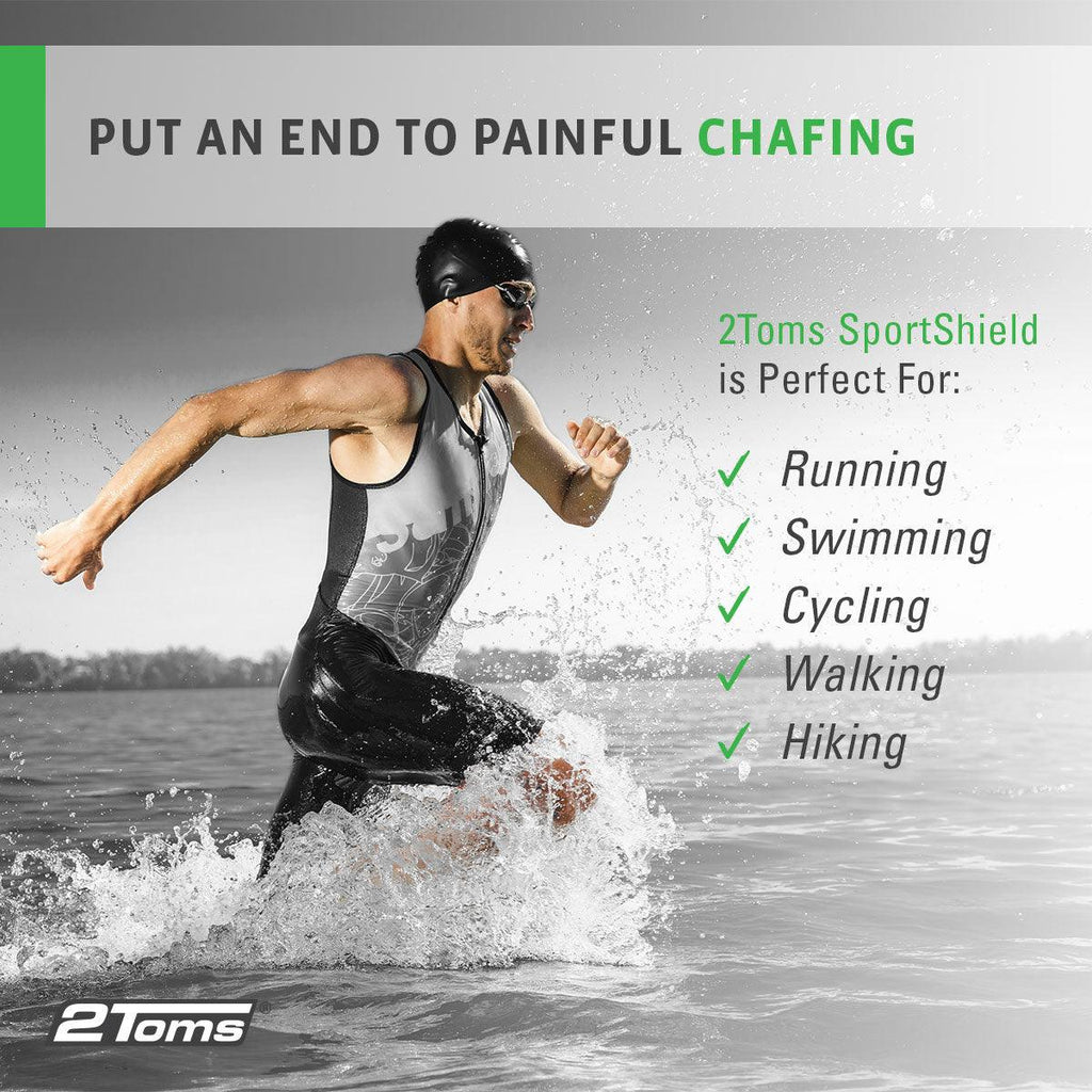 A triathloner running through water with text saying "put an end to painful chafing" and "2Toms sport shield is perfect for running, swimming, cycling, walking, hiking". 
