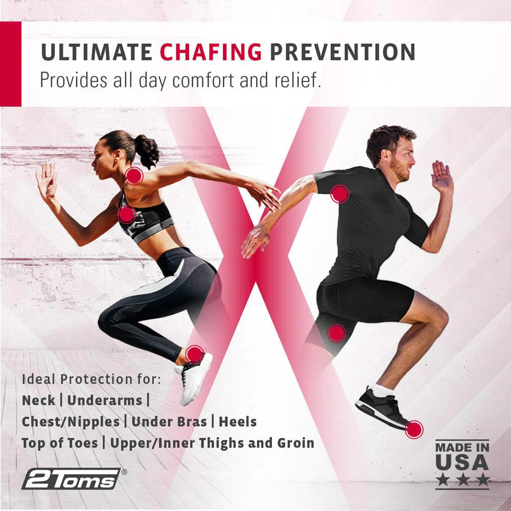 Text saying "ultimate chafing prevention, provides all day comfort and relief" and "ideal protection for neck, underarms, chest, nipples, under bras, heels, top of toes, upper/inner thighs and groin"