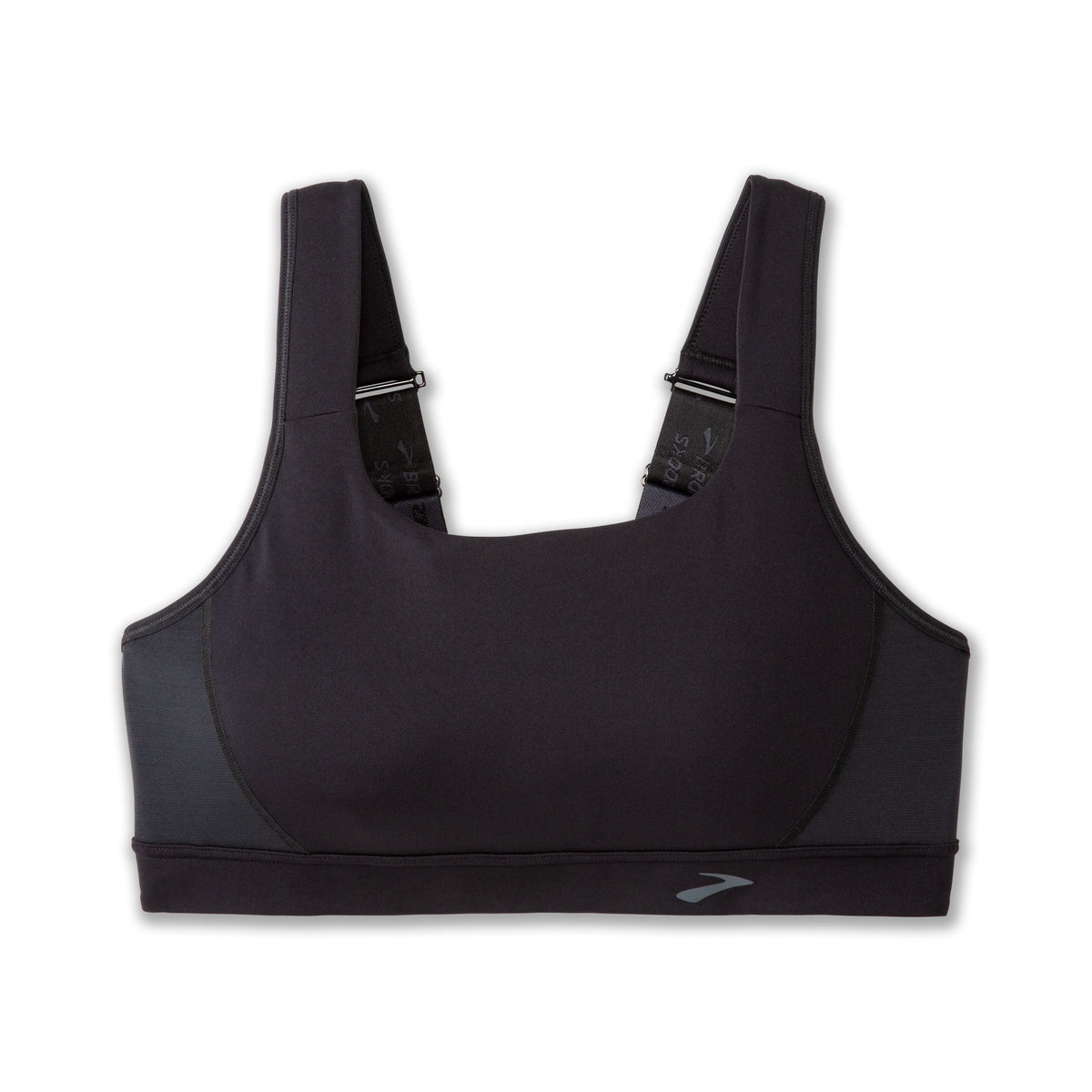 Women's Brooks Convertible 2.0 Sports Bra in Black, lifestyle front view.