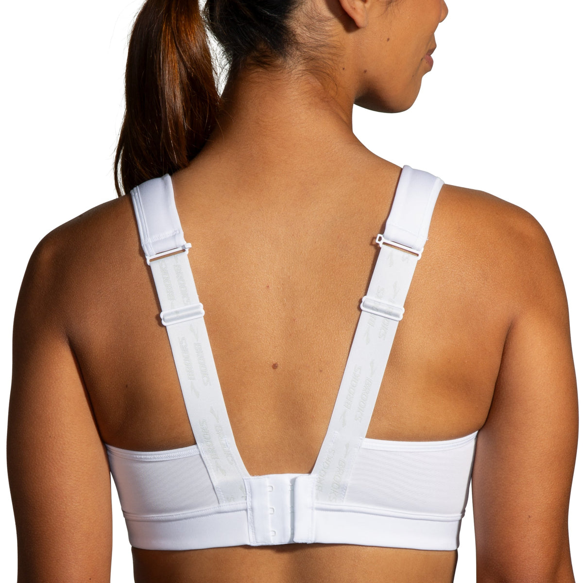 Women's Brooks Convertible 2.0 Sports Bra in White, back view.