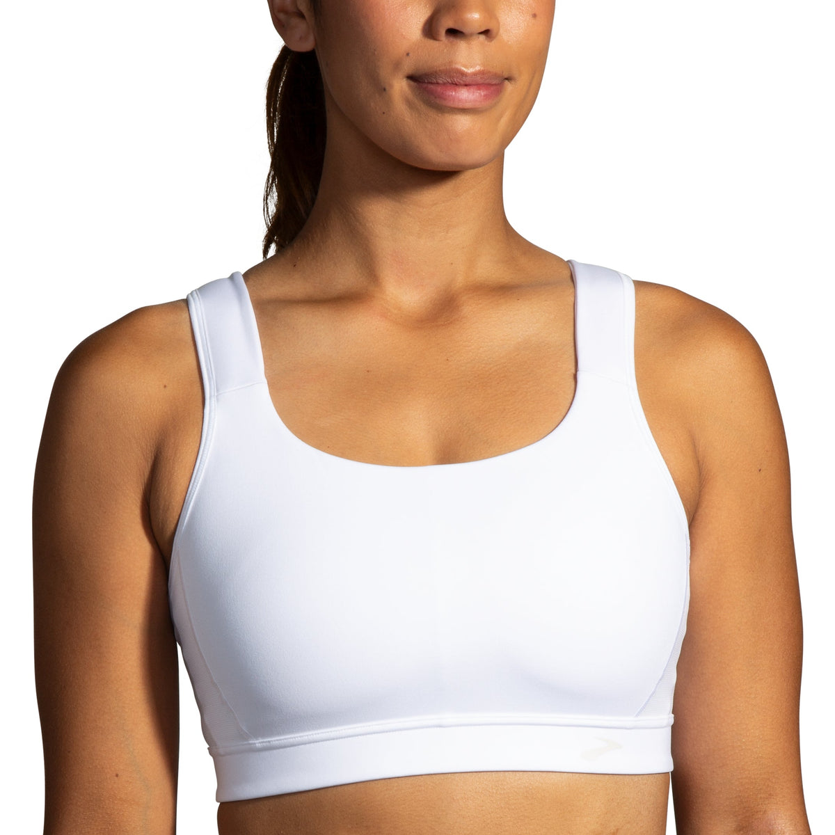 Women's Brooks Convertible 2.0 Sports Bra in White, front view.