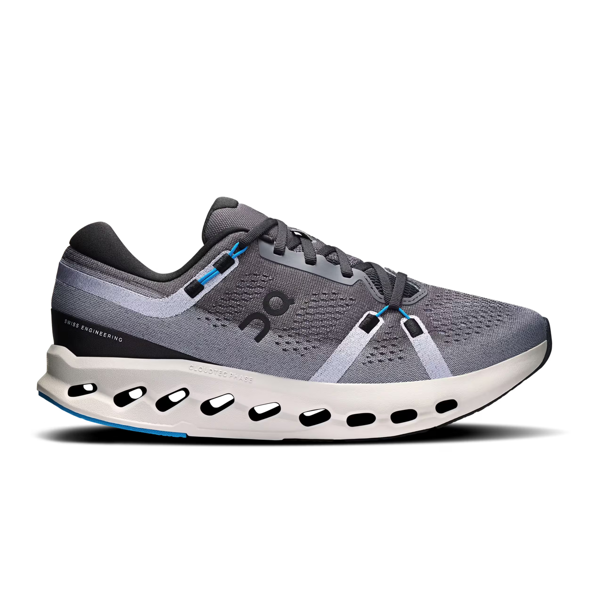 Men's On Cloudsurfer 2. Grey upper. White midsole. Lateral view.
