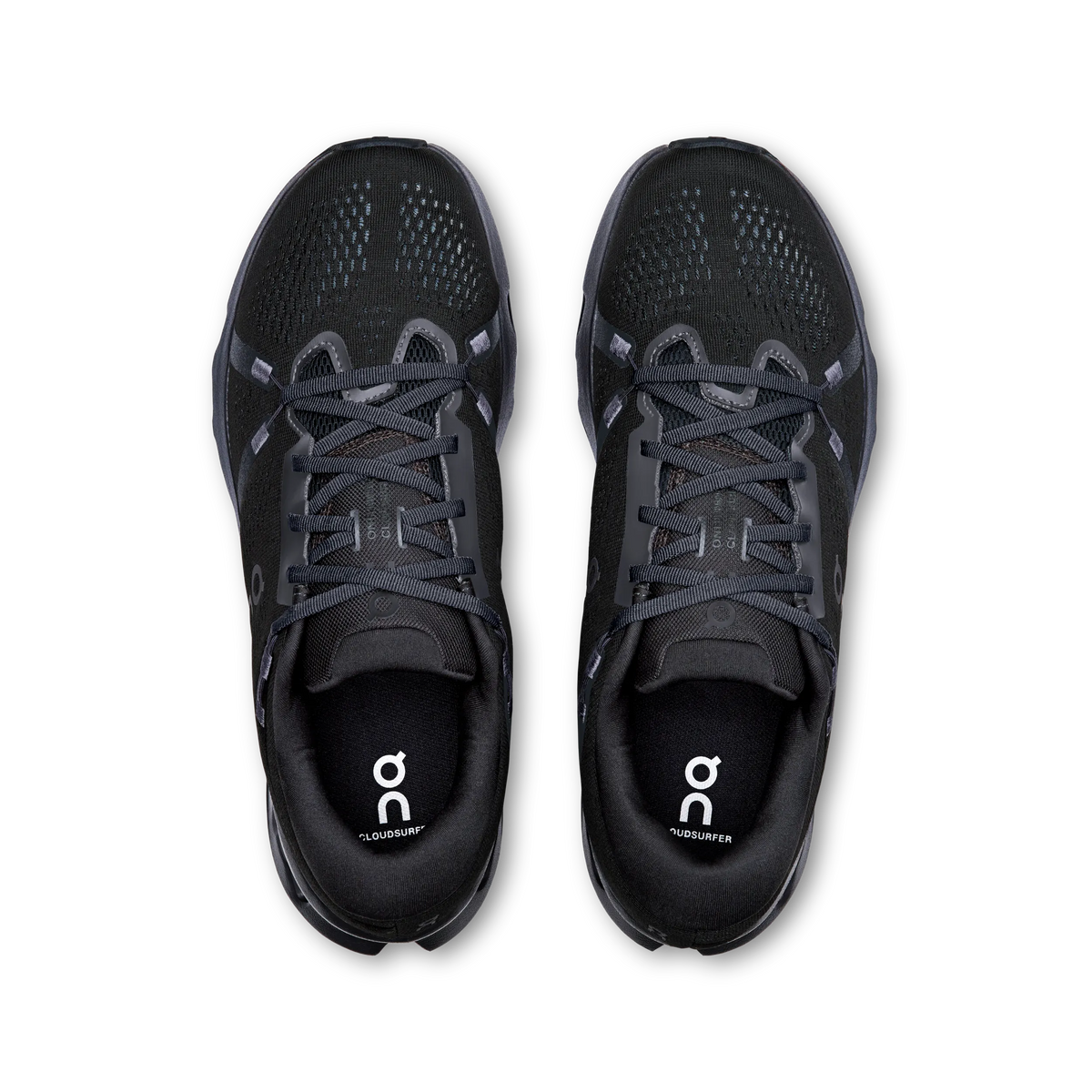 Men's On Cloudsurfer 2. Black upper. Black midsole. Top view.