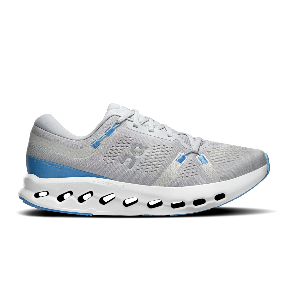 Men's On Cloudsurfer 2. Light Grey upper. White midsole. Lateral view.