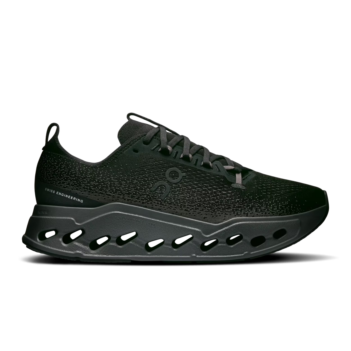 Men's On Cloudsurfer Max. Black upper. Black midsole. Lateral view.