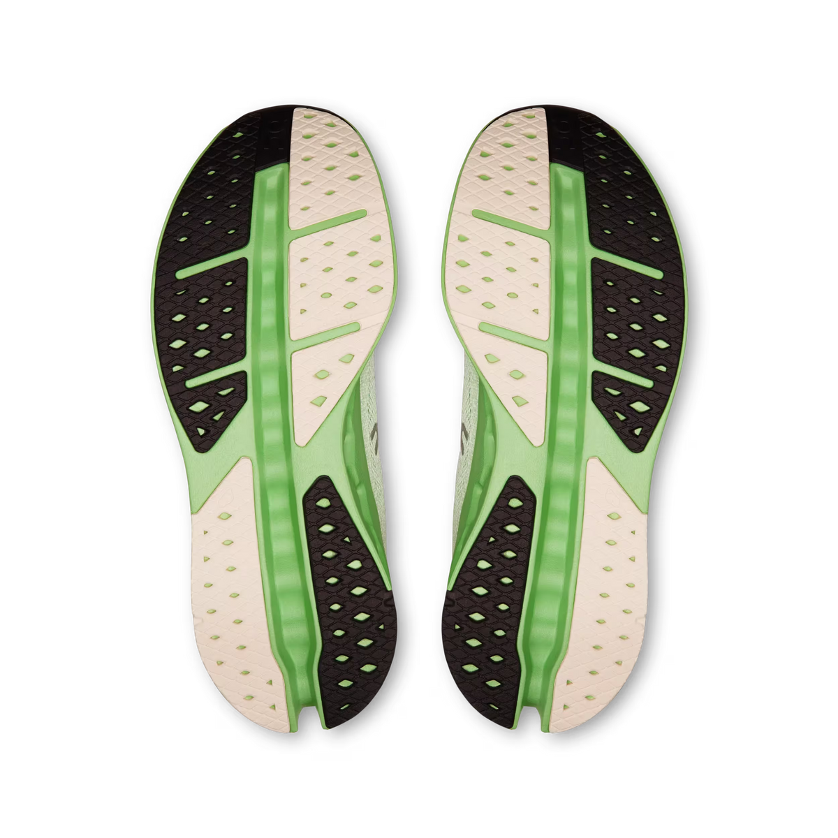 Men's On Running Cloudsurfer Max. White/Green upper. Green midsole. Bottom view.