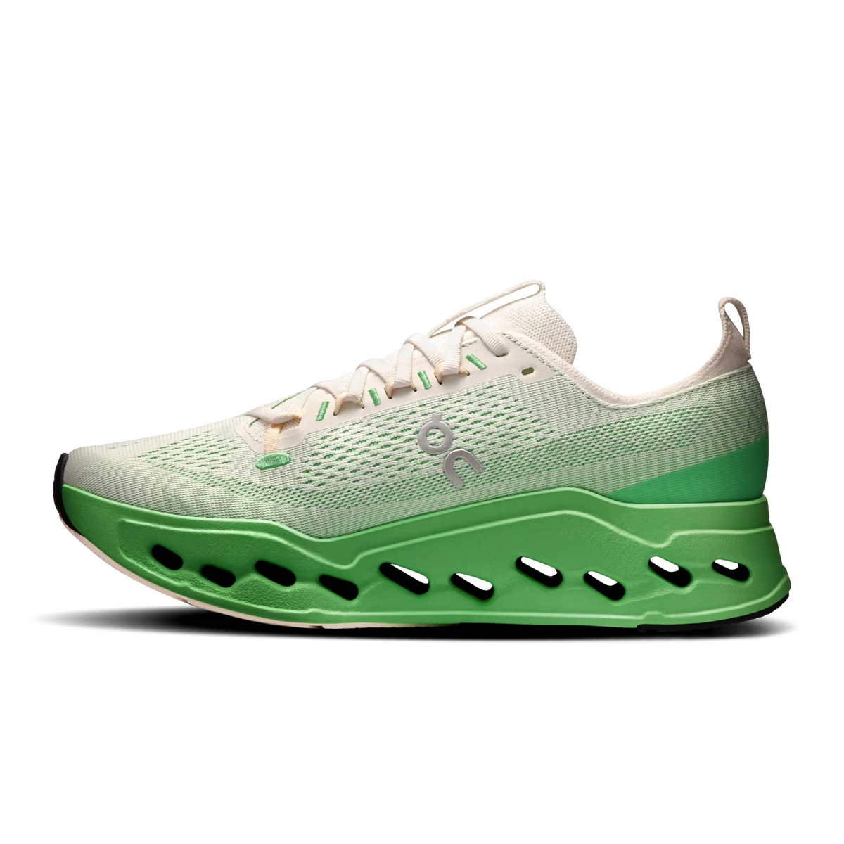 Men's On Running Cloudsurfer Max. White/Green upper. Green midsole. Medial view.