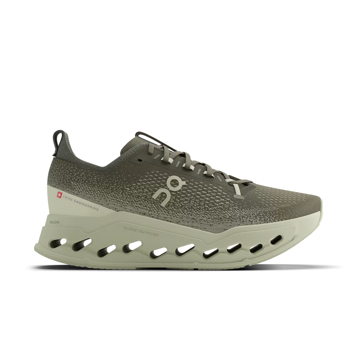 Men's On Running Cloudsurfer Max. Tan upper. Off White midsole. Lateral view.