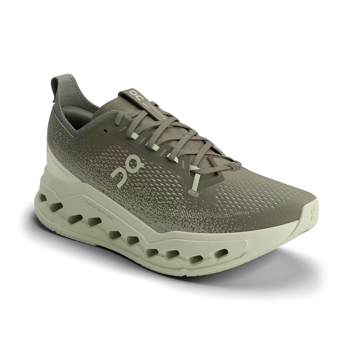 Men's On Running Cloudsurfer Max. Tan upper. Off White midsole. Lateral view.
