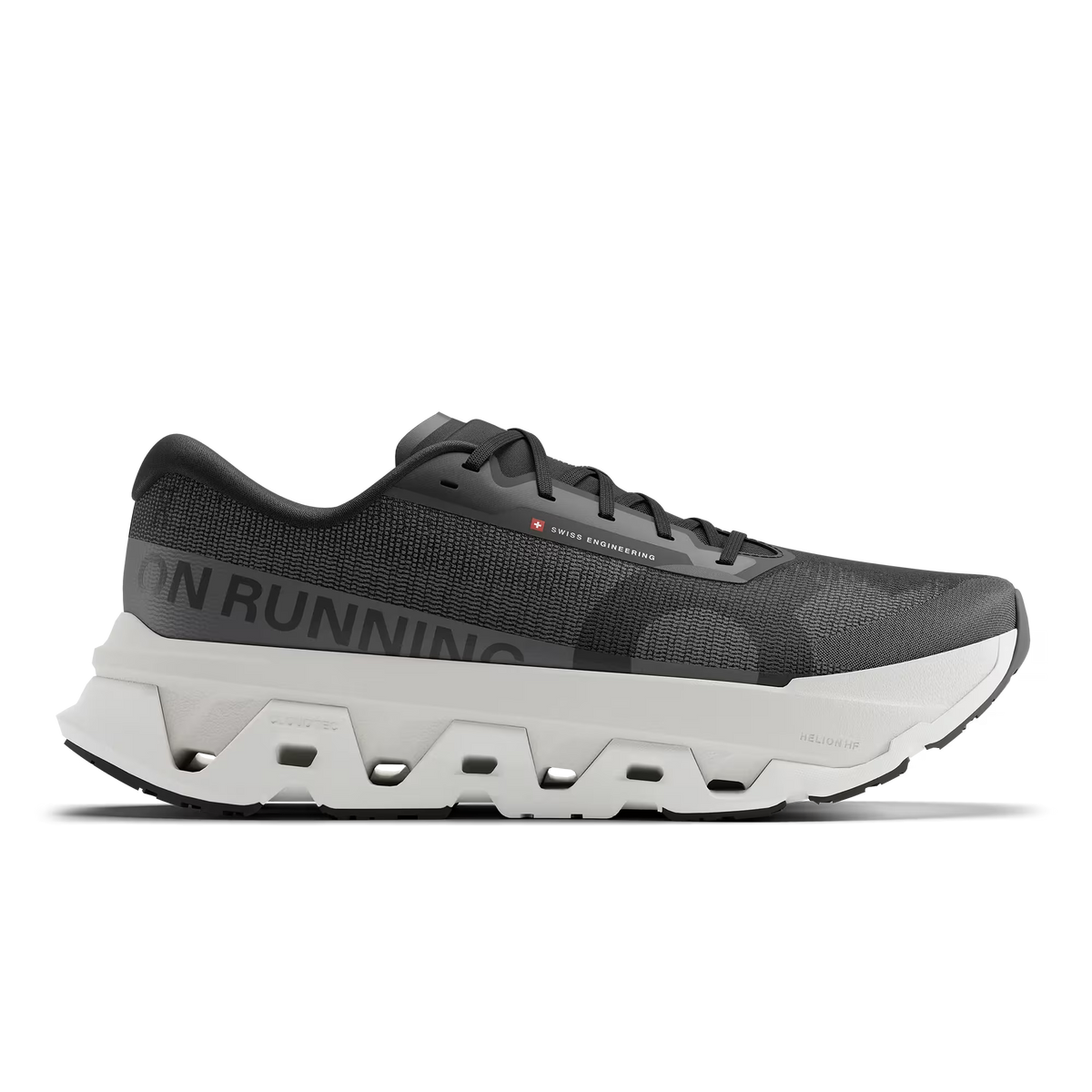 Men's On Running. Cloudmonster 3 Hyper. Black upper. White midsole. Lateral view.