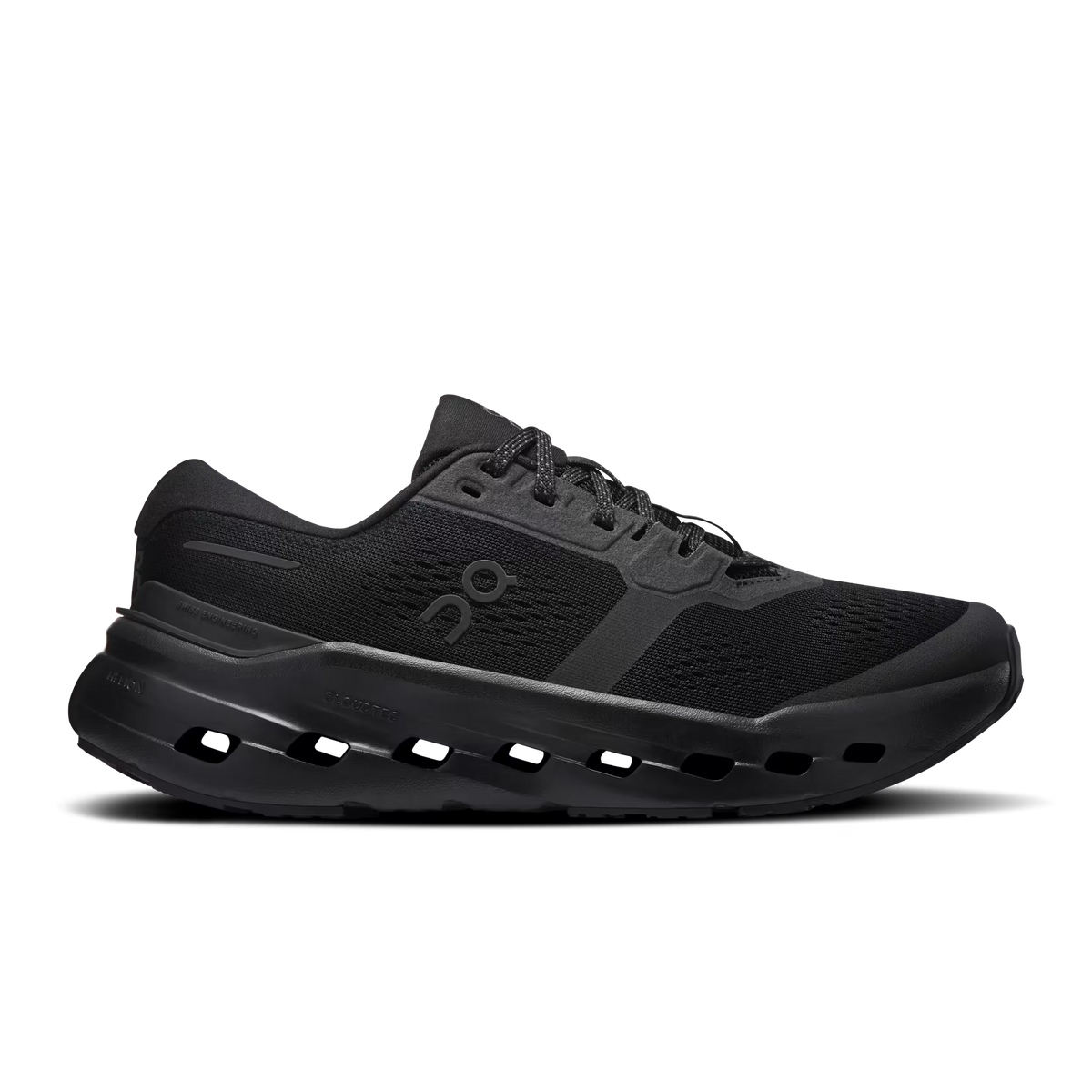 Men's On Running Cloudrunner 3. Black upper. Black midsole. Lateral view.